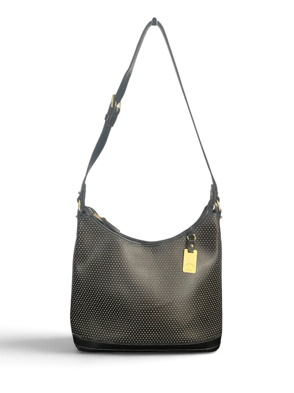 Vintage Dooney & Bourke Black Perforated Leather Shoulder Bag Gold Accents